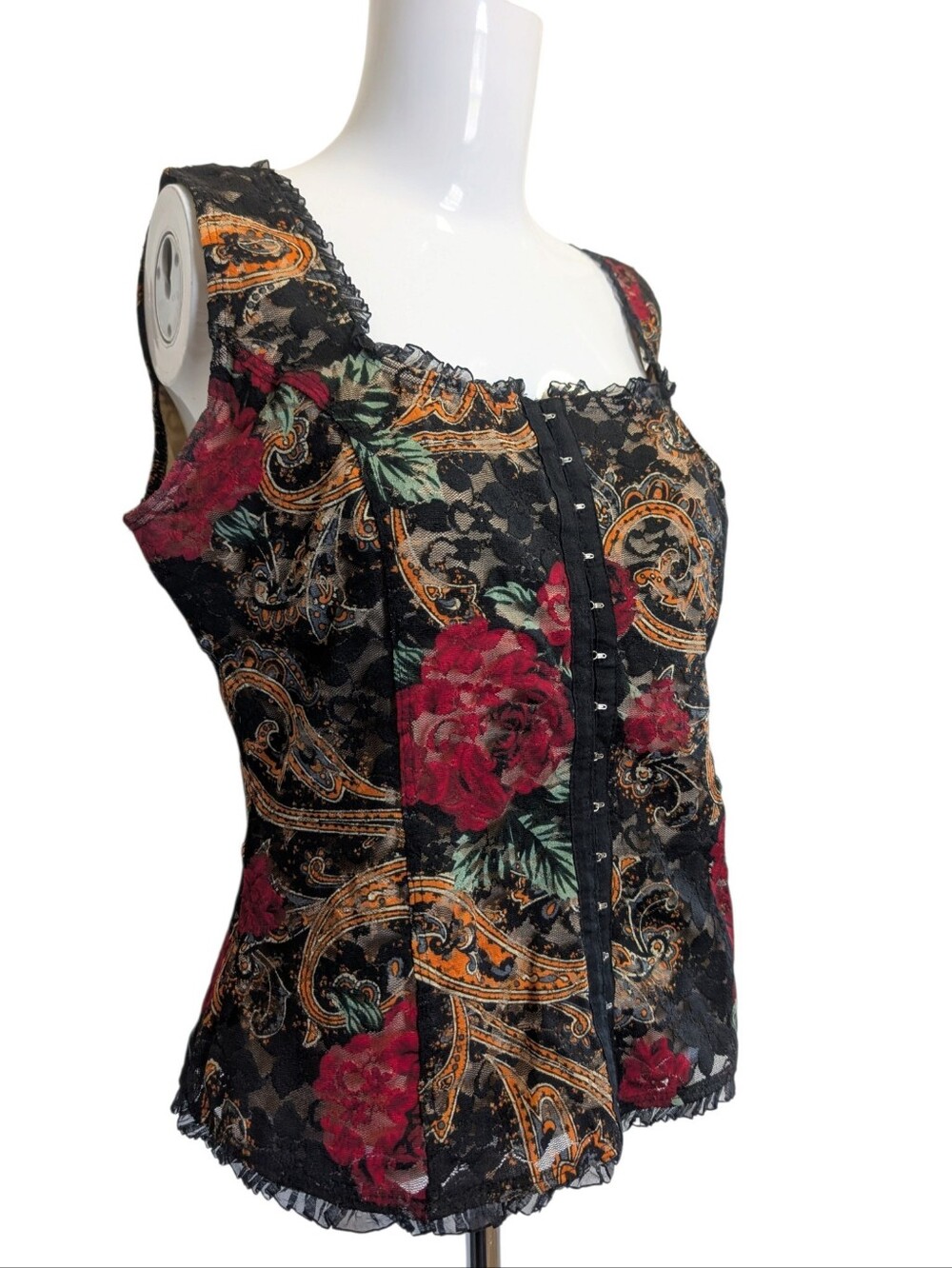 B Moss Floral Corset Top Y2k Lace Paisley Roses Whimsigoth Sz Medium